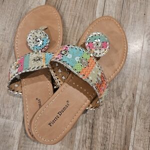 Pierre Dumas Multicolor Striped Floral Embellished Toe-Post Sandals